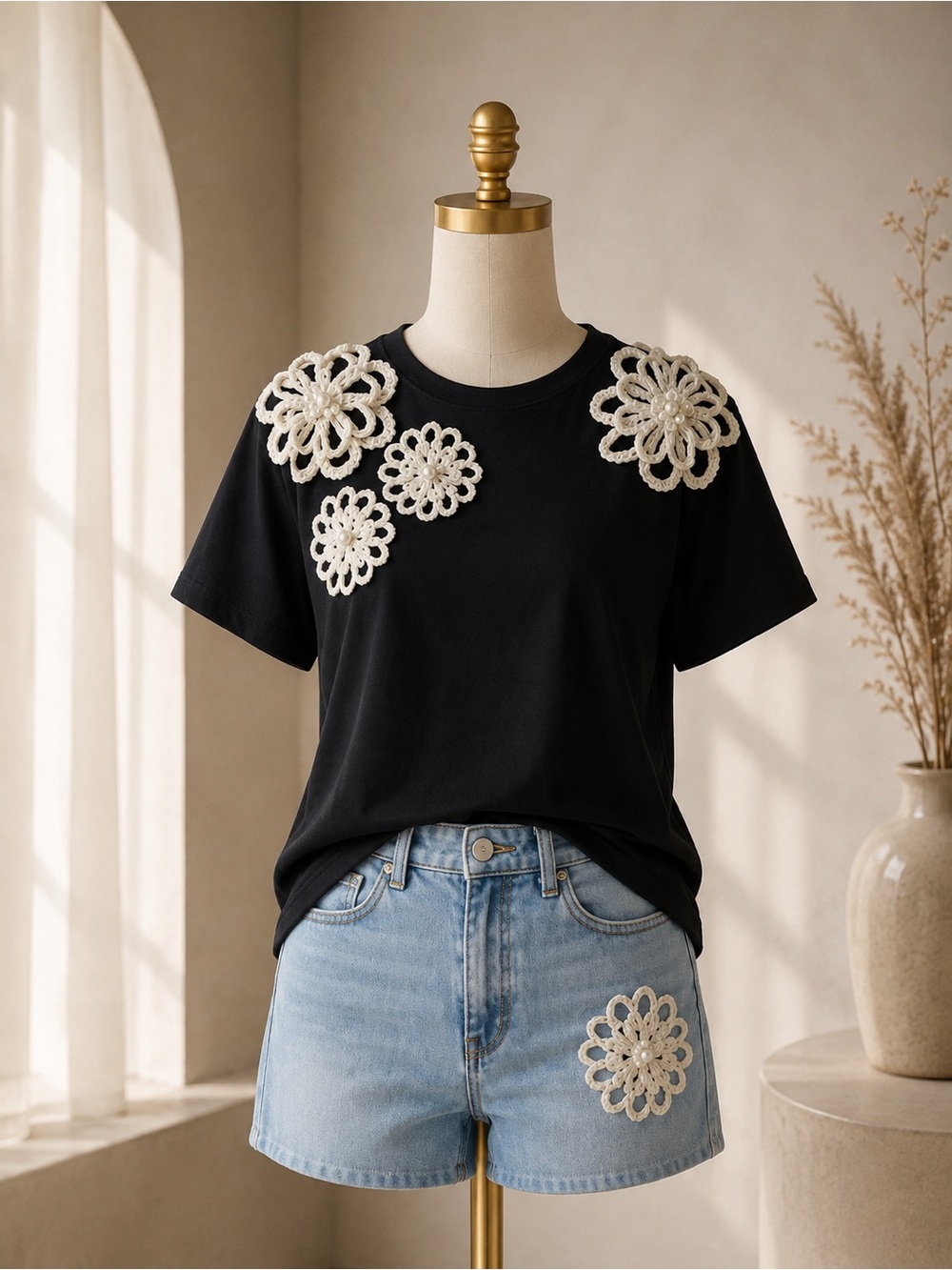 Black Short-Sleeve Tee with Cream Floral Appliqué